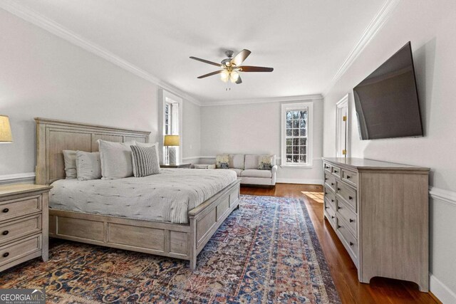 135 Mill Race Rd, Thomaston, GA 30286 - bedroom with ornamental molding, dark wood-type flooring, ceiling fan, and baseboards