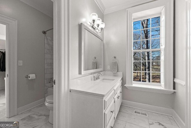 135 Mill Race Rd, Thomaston, GA 30286 - bathroom with marble finish flooring, baseboards, vanity, and crown molding