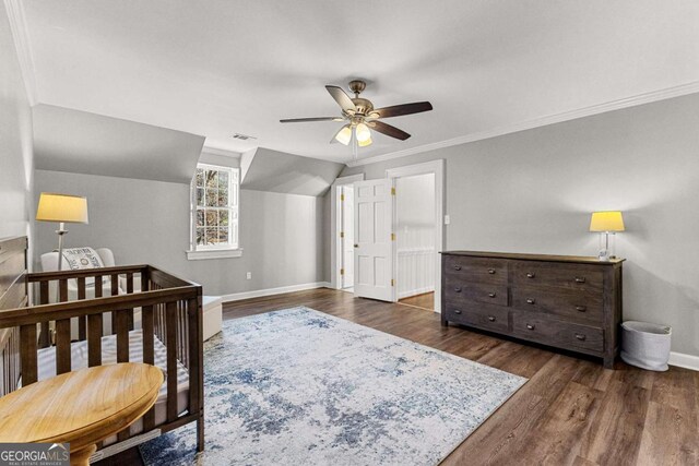 135 Mill Race Rd, Thomaston, GA 30286 - bedroom with baseboards, wood finished floors, crown molding, and ceiling fan