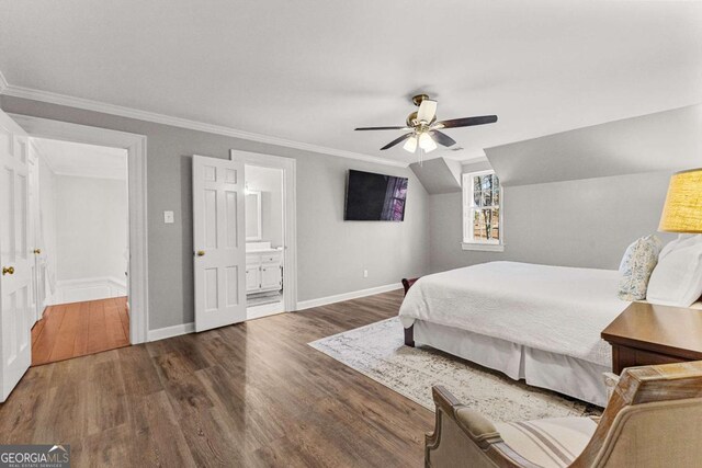 135 Mill Race Rd, Thomaston, GA 30286 - bedroom featuring wood finished floors, baseboards, ornamental molding, ceiling fan, and connected bathroom