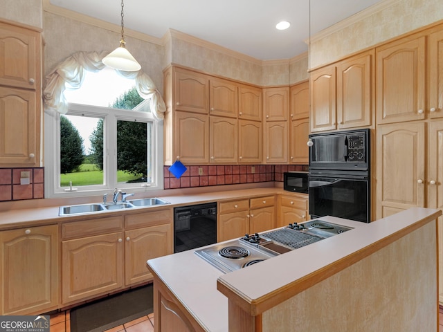474 N Rover Rd, Williamson, GA 30292 - kitchen with light brown cabinetry, black appliances, a sink, light countertops, and crown molding