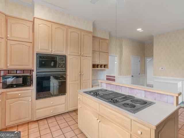 474 N Rover Rd, Williamson, GA 30292 - kitchen with black appliances, light brown cabinets, wallpapered walls, crown molding, and light tile patterned flooring