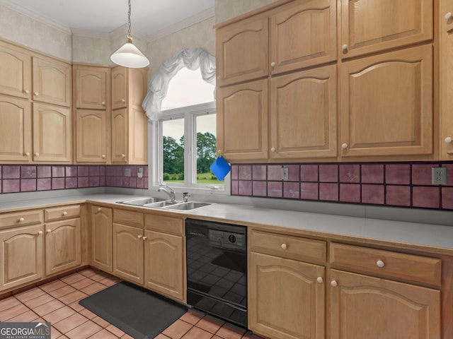 474 N Rover Rd, Williamson, GA 30292 - kitchen featuring dishwasher, light countertops, light brown cabinetry, tasteful backsplash, and ornamental molding