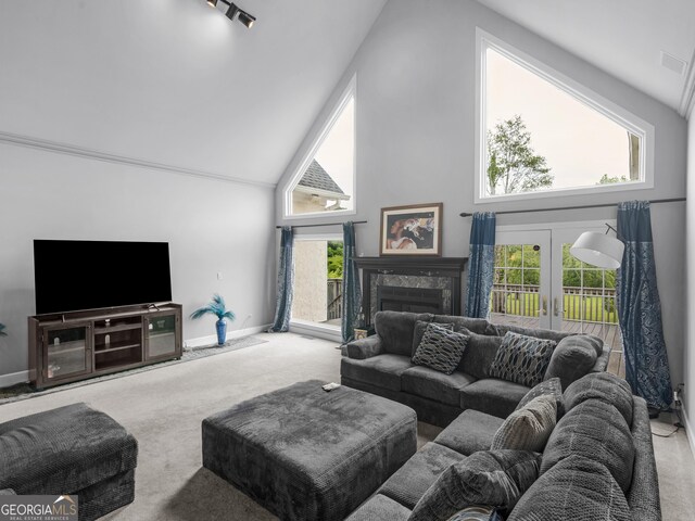 474 N Rover Rd, Williamson, GA 30292 - living room with high vaulted ceiling, carpet floors, a premium fireplace, baseboards, and french doors