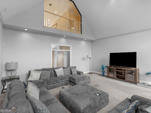 474 N Rover Rd, Williamson, GA 30292 - carpeted living area with high vaulted ceiling and baseboards