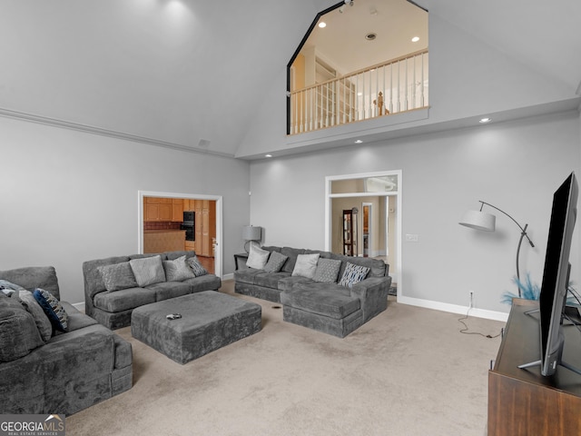 474 N Rover Rd, Williamson, GA 30292 - carpeted living room featuring high vaulted ceiling, recessed lighting, and baseboards