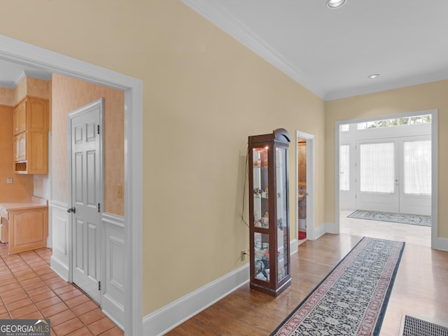 474 N Rover Rd, Williamson, GA 30292 - entryway featuring french doors, crown molding, baseboards, recessed lighting, and light wood-type flooring