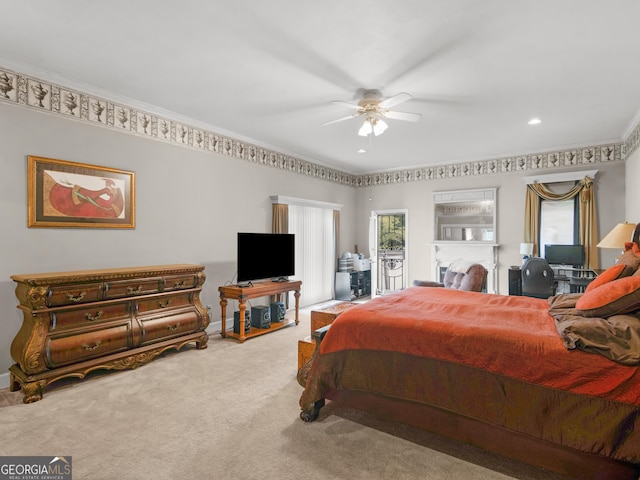474 N Rover Rd, Williamson, GA 30292 - carpeted bedroom with ornamental molding, a ceiling fan, baseboards, and recessed lighting