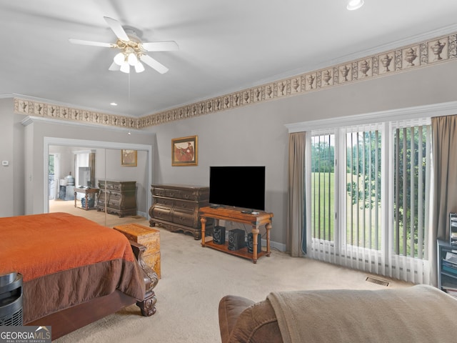 474 N Rover Rd, Williamson, GA 30292 - bedroom featuring carpet floors, ornamental molding, baseboards, a ceiling fan, and recessed lighting