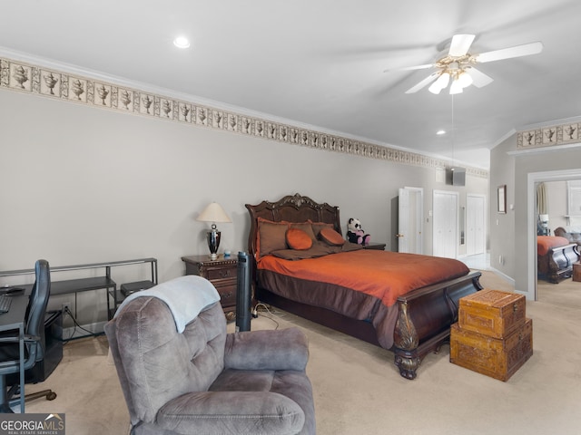474 N Rover Rd, Williamson, GA 30292 - carpeted bedroom featuring ornamental molding, recessed lighting, and ceiling fan