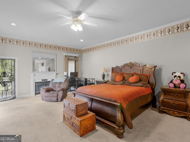 474 N Rover Rd, Williamson, GA 30292 - carpeted bedroom featuring ornamental molding, a fireplace, a ceiling fan, and recessed lighting