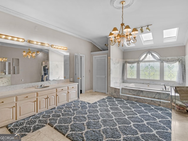 474 N Rover Rd, Williamson, GA 30292 - full bath with a chandelier, crown molding, vanity, a garden tub, and a skylight
