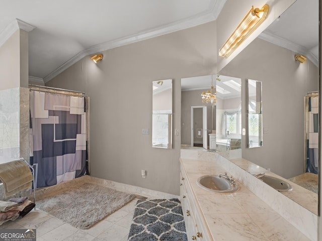 474 N Rover Rd, Williamson, GA 30292 - bathroom featuring ornamental molding, vanity, a chandelier, baseboards, and a shower with curtain