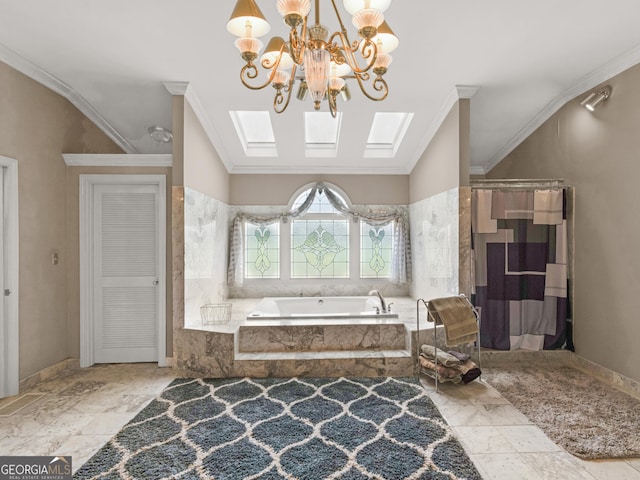 474 N Rover Rd, Williamson, GA 30292 - full bathroom featuring a bath, a chandelier, ornamental molding, a skylight, and baseboards