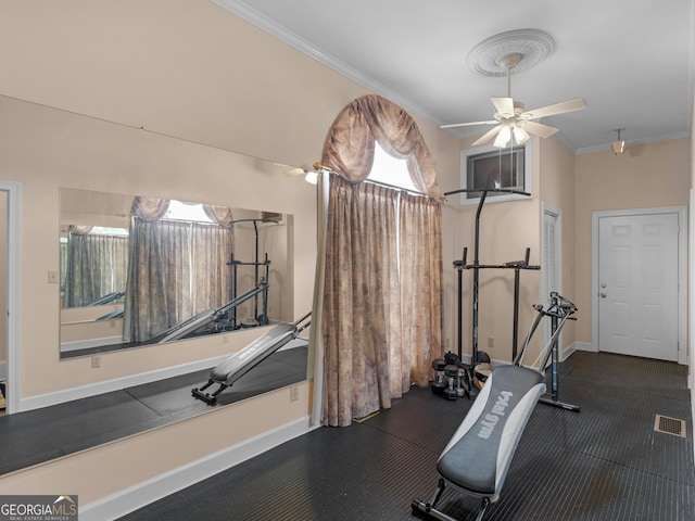 474 N Rover Rd, Williamson, GA 30292 - workout room with crown molding, baseboards, and ceiling fan