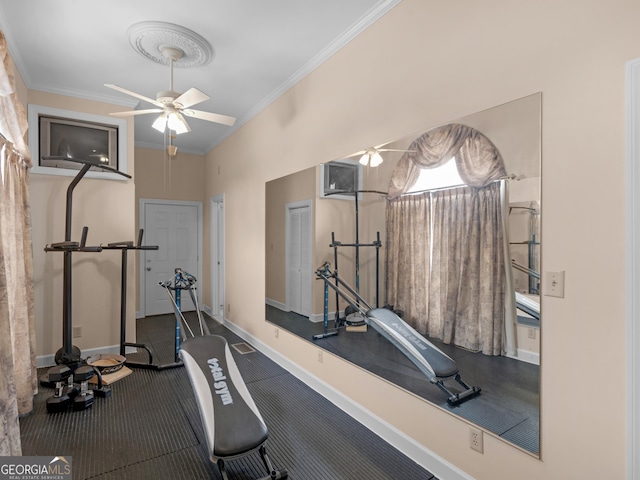 474 N Rover Rd, Williamson, GA 30292 - exercise area featuring a ceiling fan, ornamental molding, and baseboards