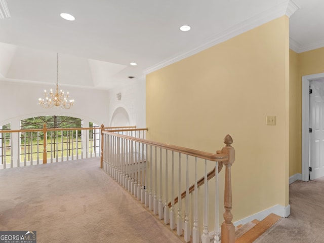 474 N Rover Rd, Williamson, GA 30292 - hallway featuring carpet, a chandelier, recessed lighting, baseboards, and crown molding