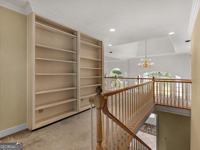 474 N Rover Rd, Williamson, GA 30292 - hallway featuring an upstairs landing, carpet flooring, a chandelier, recessed lighting, and baseboards