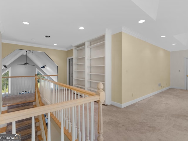 474 N Rover Rd, Williamson, GA 30292 - corridor featuring carpet, recessed lighting, baseboards, an upstairs landing, and crown molding