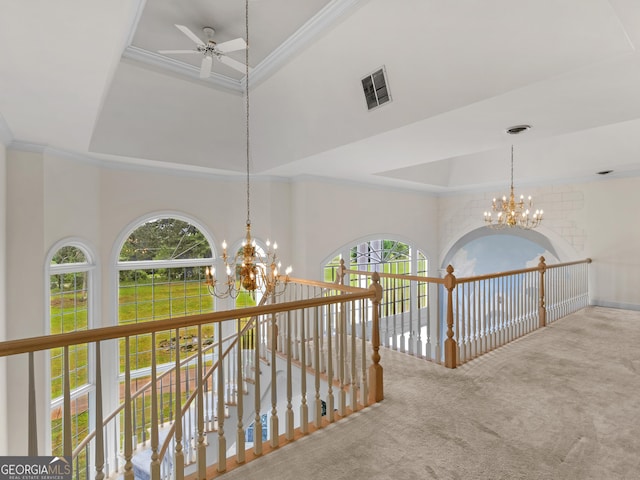 474 N Rover Rd, Williamson, GA 30292 - corridor with a chandelier, a raised ceiling, carpet, an upstairs landing, and crown molding