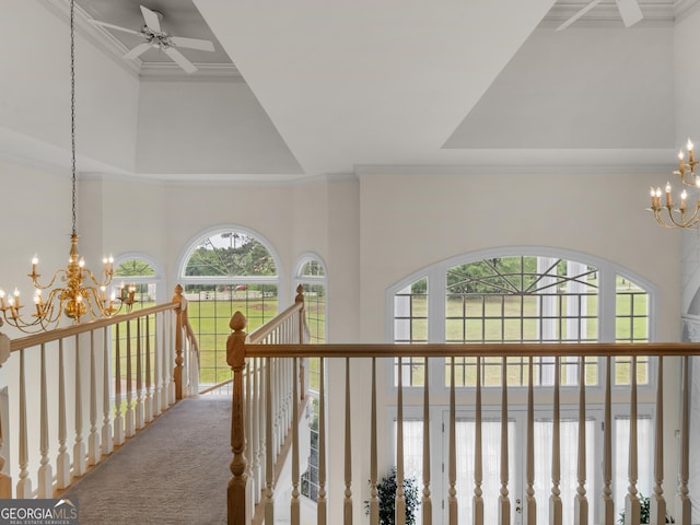 474 N Rover Rd, Williamson, GA 30292 - hall featuring a chandelier, carpet, ornamental molding, and a high ceiling