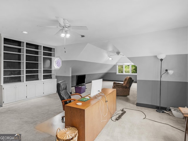 474 N Rover Rd, Williamson, GA 30292 - office area with light colored carpet, ceiling fan, built in features, and vaulted ceiling