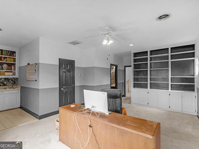 474 N Rover Rd, Williamson, GA 30292 - office space featuring a ceiling fan, light colored carpet, and built in shelves