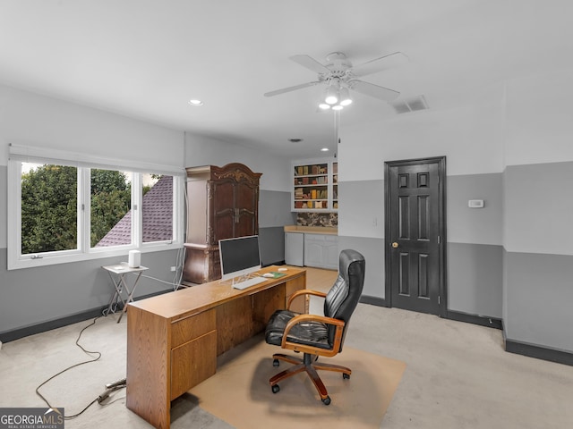 474 N Rover Rd, Williamson, GA 30292 - home office with ceiling fan, recessed lighting, light colored carpet, and baseboards