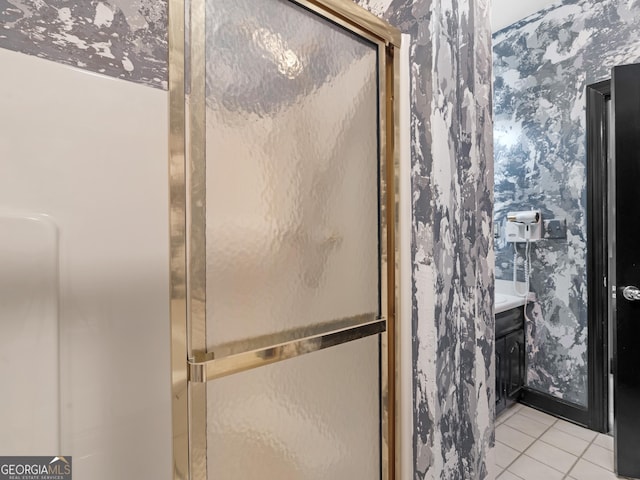474 N Rover Rd, Williamson, GA 30292 - bathroom with wallpapered walls, tile patterned flooring, a shower stall, and vanity