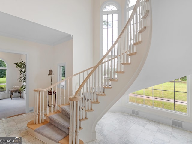 474 N Rover Rd, Williamson, GA 30292 - stairway with a towering ceiling, baseboards, and carpet floors
