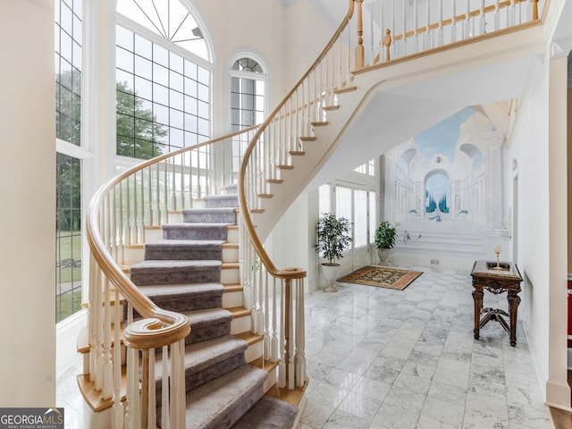 474 N Rover Rd, Williamson, GA 30292 - stairway featuring a high ceiling and healthy amount of natural light