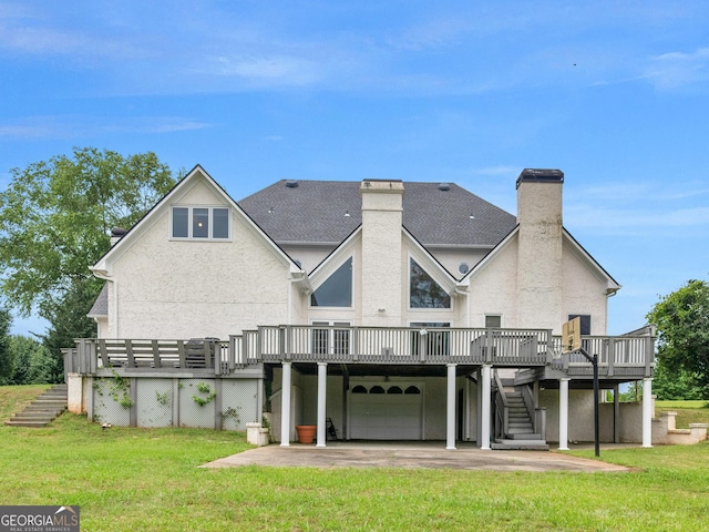 474 N Rover Rd, Williamson, GA 30292 - back of house featuring stairway, a wooden deck, a chimney, and a lawn