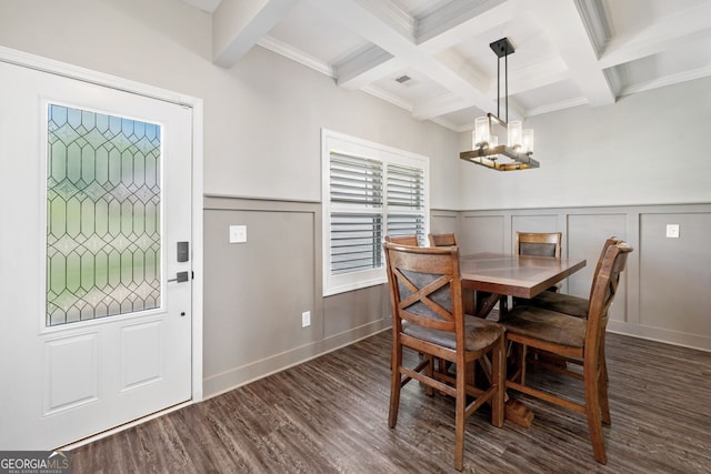 1010 Holliday Pass, Griffin, GA 30223 - dining area featuring a chandelier, beamed ceiling, wood finished floors, a decorative wall, and coffered ceiling