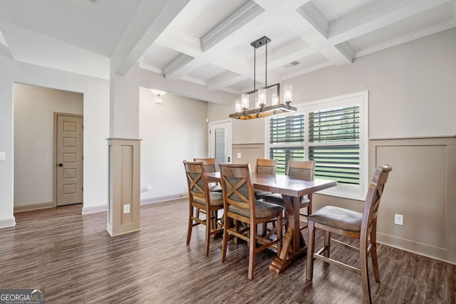 1010 Holliday Pass, Griffin, GA 30223 - dining room featuring wood finished floors, beam ceiling, coffered ceiling, a chandelier, and ornamental molding