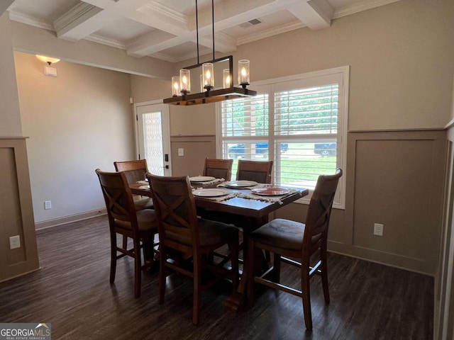 1010 Holliday Pass, Griffin, GA 30223 - dining space with beam ceiling, coffered ceiling, dark wood-style flooring, a chandelier, and ornamental molding