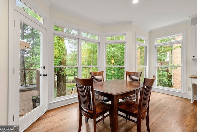 3714 Westbrooke Cir, Brookhaven, GA 30319 - sunroom / solarium featuring french doors, ornamental molding, wood finished floors, and recessed lighting