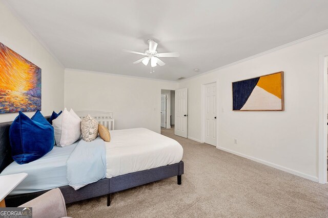 3714 Westbrooke Cir, Brookhaven, GA 30319 - carpeted bedroom with crown molding, baseboards, and a ceiling fan