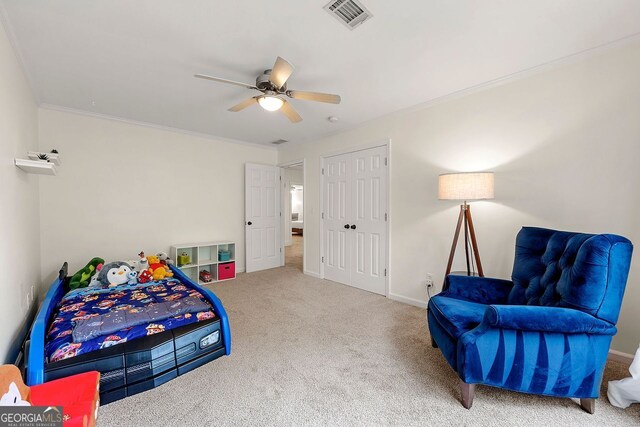 3714 Westbrooke Cir, Brookhaven, GA 30319 - bedroom with carpet flooring, ornamental molding, baseboards, ceiling fan, and a closet
