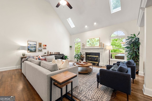 3714 Westbrooke Cir, Brookhaven, GA 30319 - living area with a skylight, high vaulted ceiling, a fireplace, dark wood-type flooring, and plenty of natural light