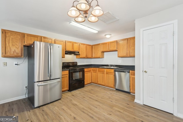 1177 Arlington Ave SW, Atlanta, GA 30310 - kitchen with appliances with stainless steel finishes, a sink, under cabinet range hood, light wood-style floors, and dark countertops