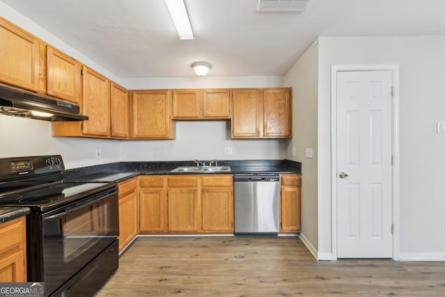 1177 Arlington Ave SW, Atlanta, GA 30310 - kitchen featuring black electric range, stainless steel dishwasher, under cabinet range hood, dark countertops, and a sink