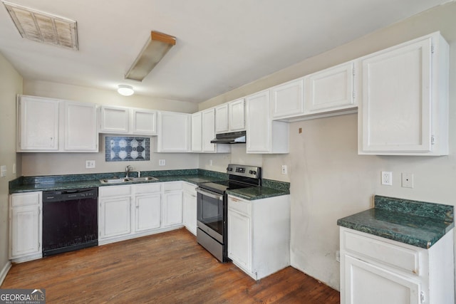 1177 Arlington Ave SW, Atlanta, GA 30310 - kitchen with black dishwasher, stainless steel range with electric stovetop, a sink, dark countertops, and under cabinet range hood