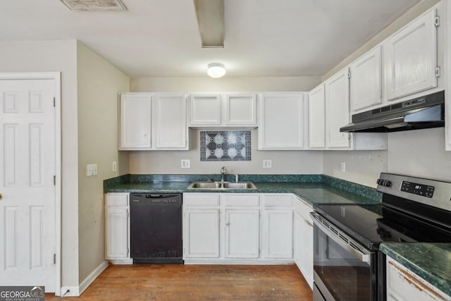 1177 Arlington Ave SW, Atlanta, GA 30310 - kitchen with black dishwasher, stainless steel electric range oven, a sink, under cabinet range hood, and dark countertops