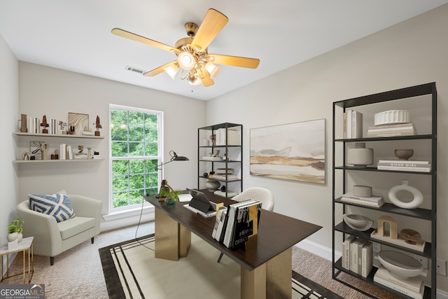 1451 Tappan Spur Dr, Watkinsville, GA 30677 - carpeted home office featuring healthy amount of natural light, ceiling fan, and baseboards