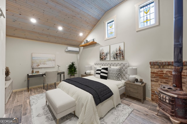 1451 Tappan Spur Dr, Watkinsville, GA 30677 - bedroom featuring an AC wall unit, wood ceiling, recessed lighting, light wood-type flooring, and high vaulted ceiling