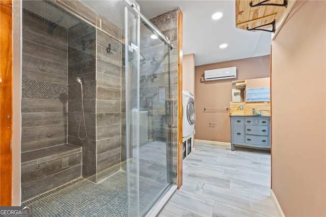 1451 Tappan Spur Dr, Watkinsville, GA 30677 - bathroom featuring stacked washer and clothes dryer, an AC wall unit, a stall shower, vanity, and baseboards