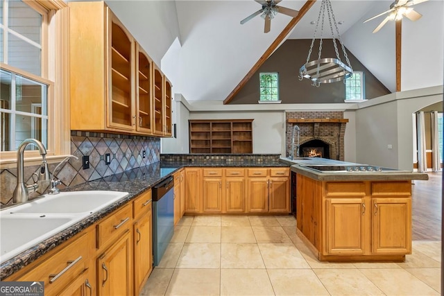 1451 Tappan Spur Dr, Watkinsville, GA 30677 - kitchen with a ceiling fan, a sink, high vaulted ceiling, dishwashing machine, and glass insert cabinets