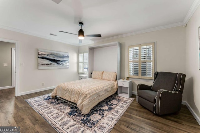 2356 Defoors Ferry Rd NW, Atlanta, GA 30318 - bedroom with ornamental molding, dark wood-style floors, baseboards, and a ceiling fan