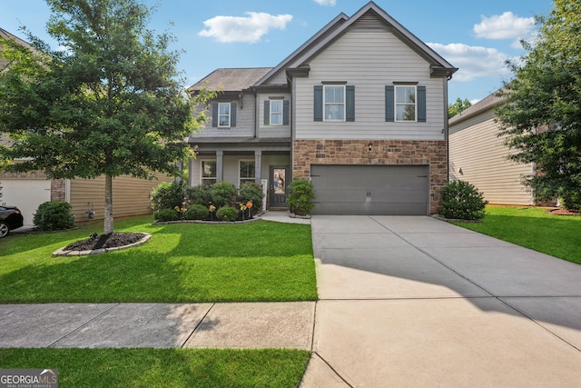 2127 Apple Orchard Way, Austell, GA 30168 - craftsman-style house featuring a garage, a front lawn, concrete driveway, and stone siding