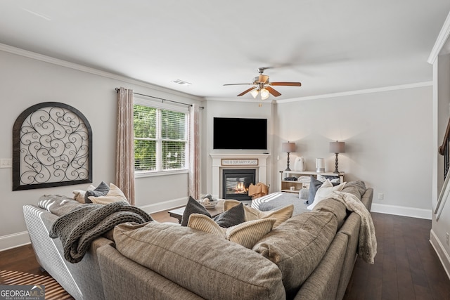 2127 Apple Orchard Way, Austell, GA 30168 - living room featuring ceiling fan, a glass covered fireplace, crown molding, and dark wood finished floors